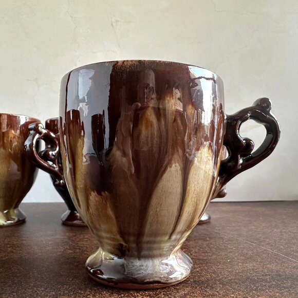 Set of 6 Brown Drip Glaze Coffee Mugs Mid Century - Picture 10 of 14